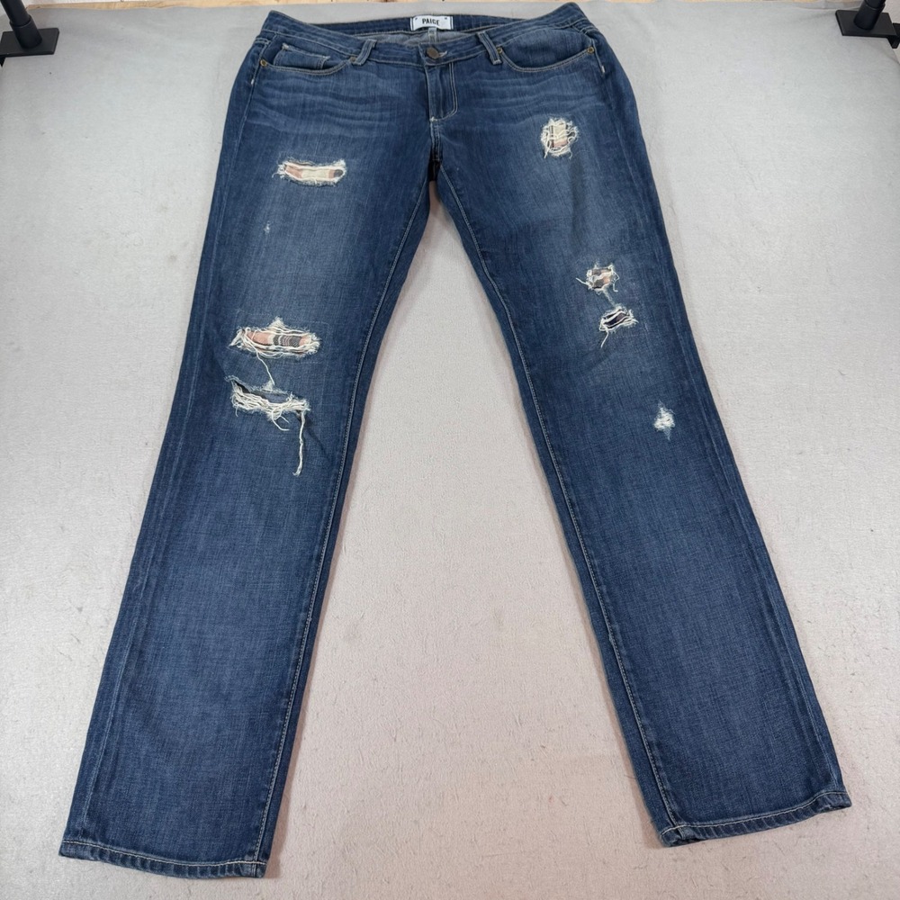 PAIGE‎ Jimmy Jimmy Skinny Distressed Plaid Patch Jeans Womens 30 Blue Denim